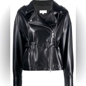 NWT Patrizia Pepe Belted Black Leather Biker Jacket IT 46 US 12